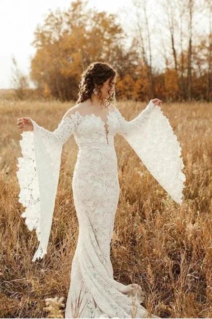 Unique Sweetheart Long-Sleeve Mermaid Floor-Length Lace Wedding Dresses with Chapel Train