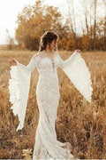 Unique Sweetheart Long-Sleeve Mermaid Floor-Length Lace Wedding Dresses with Chapel Train