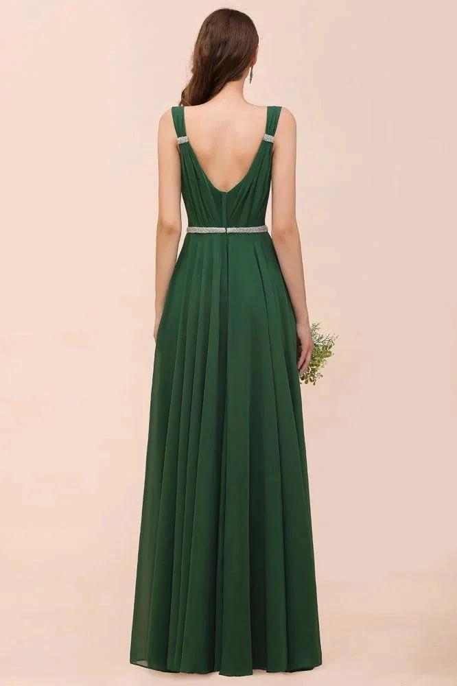 V-Neck A-line Dark Green Bridesmaid Dress Rhinestone Waist Belt