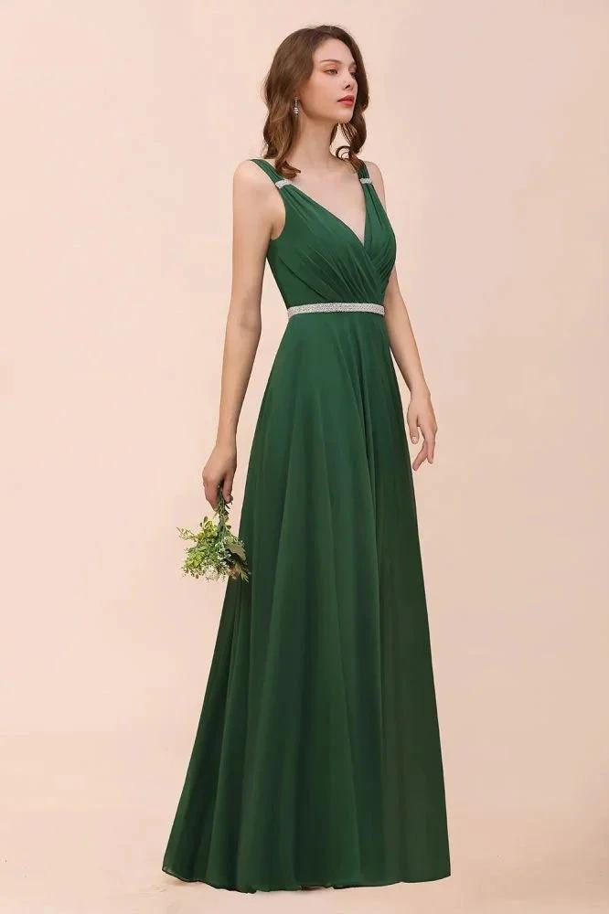 V-Neck A-line Dark Green Bridesmaid Dress Rhinestone Waist Belt