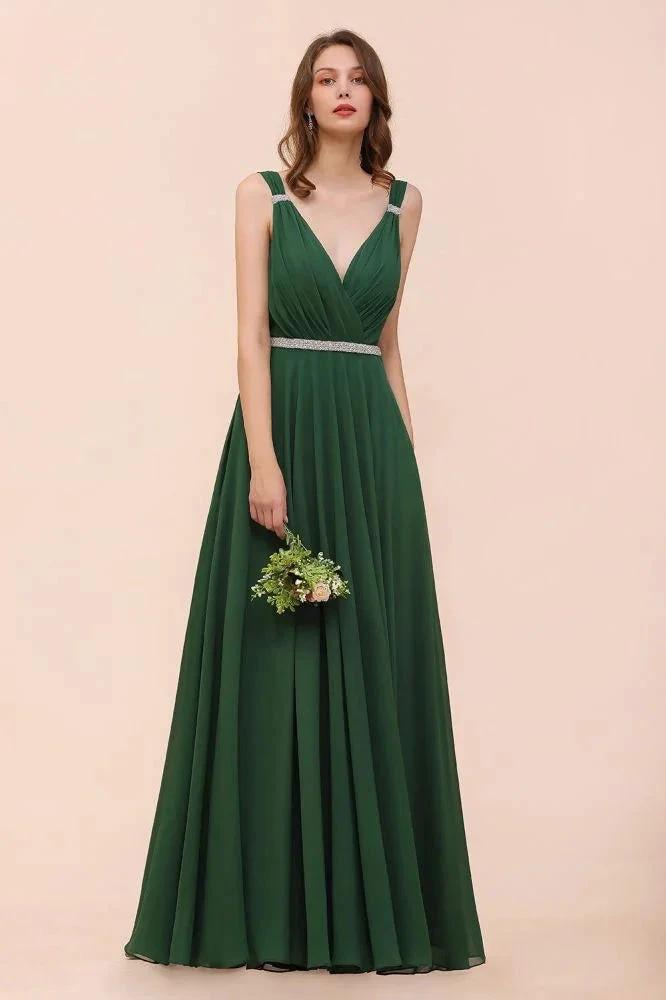 V-Neck A-line Dark Green Bridesmaid Dress Rhinestone Waist Belt