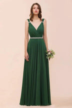 V-Neck A-line Dark Green Bridesmaid Dress Rhinestone Waist Belt
