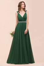 V-Neck A-line Dark Green Bridesmaid Dress Rhinestone Waist Belt