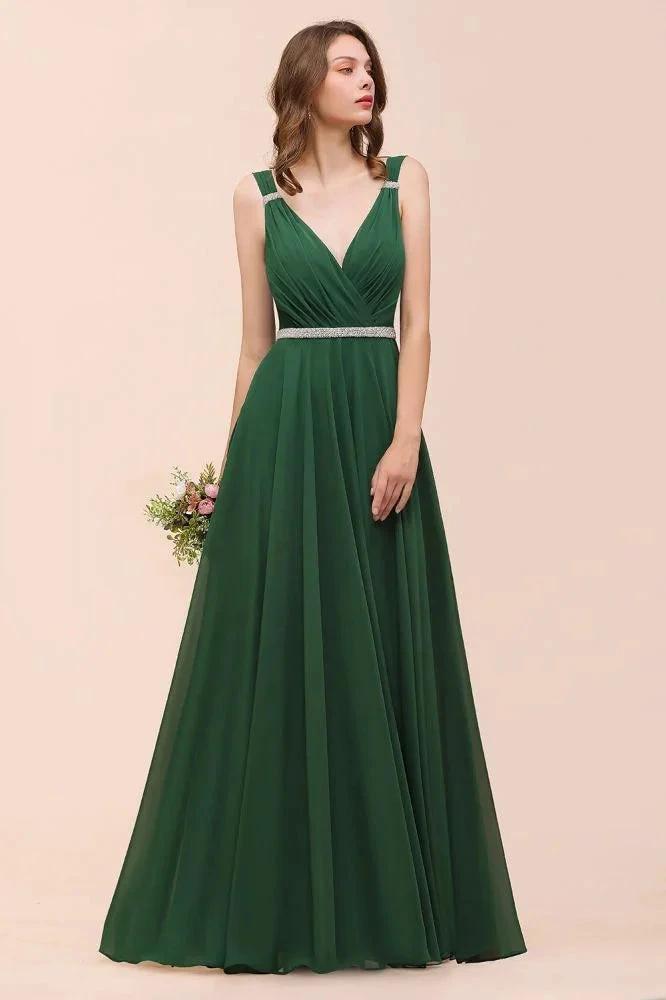 V-Neck A-line Dark Green Bridesmaid Dress Rhinestone Waist Belt