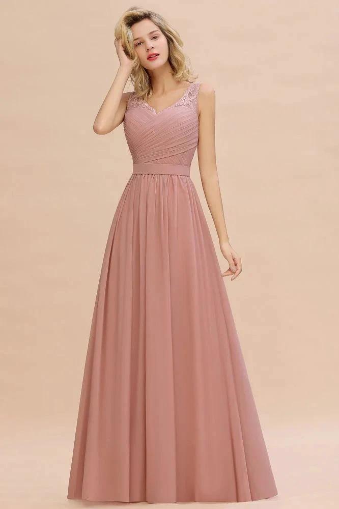V-Neck Aline Ruffle Chiffon Bridesmaid Dress Sleeveless Floral Evening Swing Dress
