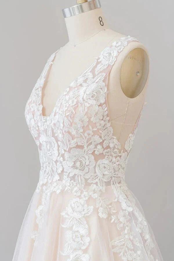 V-neck Appliques Tulle Floor length Wedding Dress