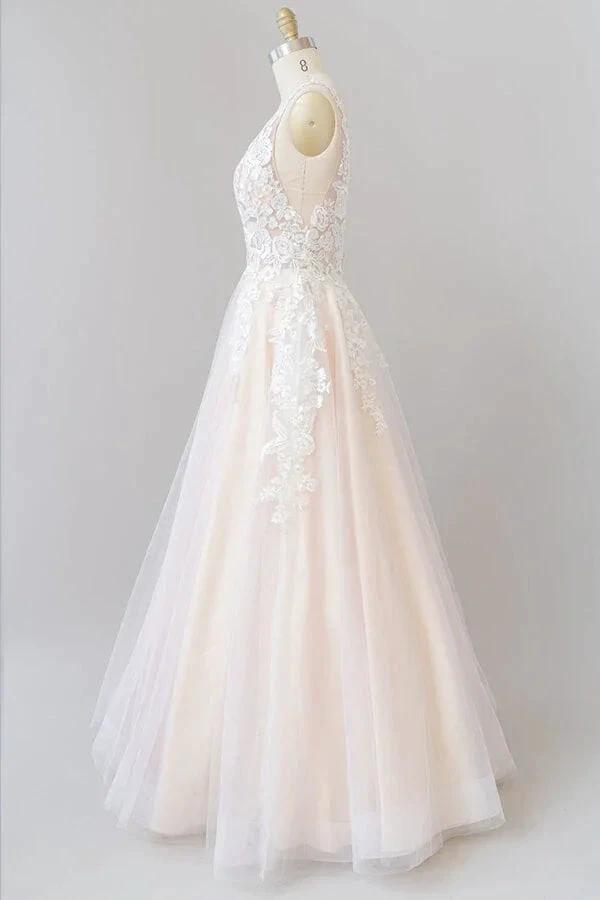 V-neck Appliques Tulle Floor length Wedding Dress