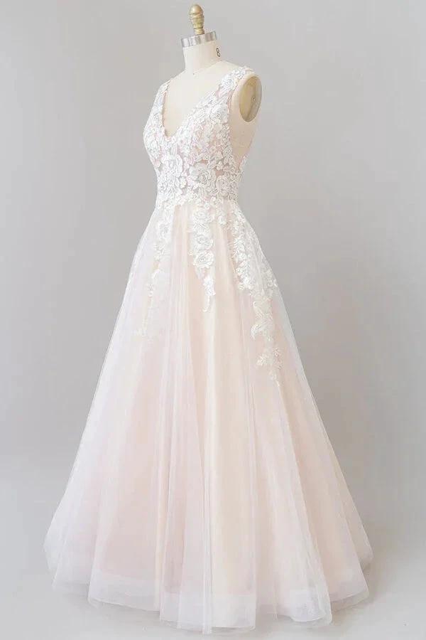 V-neck Appliques Tulle Floor length Wedding Dress