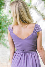 V-Neck Cap Sleeves Lace-Up Purple Long Chiffon Bridesmaid Dress BD042
