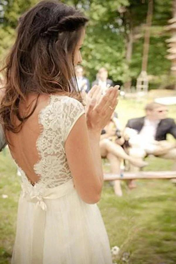 V-neck Cap Sleeves Sweep Train Backless Wedding Dress With Sash  WD011