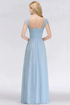 V-Neck Chiffon aline Bridesmaid Dress Sky Blue Floor Length Evening Swing Dress