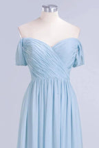 V-Neck Chiffon aline Bridesmaid Dress Sky Blue Floor Length Evening Swing Dress