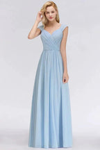 V-Neck Chiffon aline Bridesmaid Dress Sky Blue Floor Length Evening Swing Dress