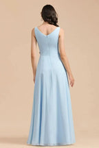 V-Neck Chiffon Aline Bridesmaid Dress Sleeveless Floor Length Simple Wedding Dress