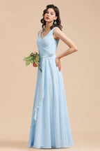V-Neck Chiffon Aline Bridesmaid Dress Sleeveless Floor Length Simple Wedding Dress