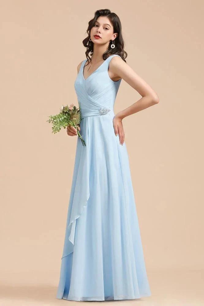 V-Neck Chiffon Aline Bridesmaid Dress Sleeveless Floor Length Simple Wedding Dress