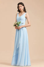 V-Neck Chiffon Aline Bridesmaid Dress Sleeveless Floor Length Simple Wedding Dress