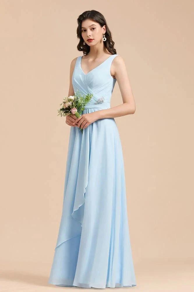 V-Neck Chiffon Aline Bridesmaid Dress Sleeveless Floor Length Simple Wedding Dress