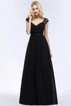 V-neck Floor Length A-line Lace Chiffon Bridesmaid Dresses with Sash
