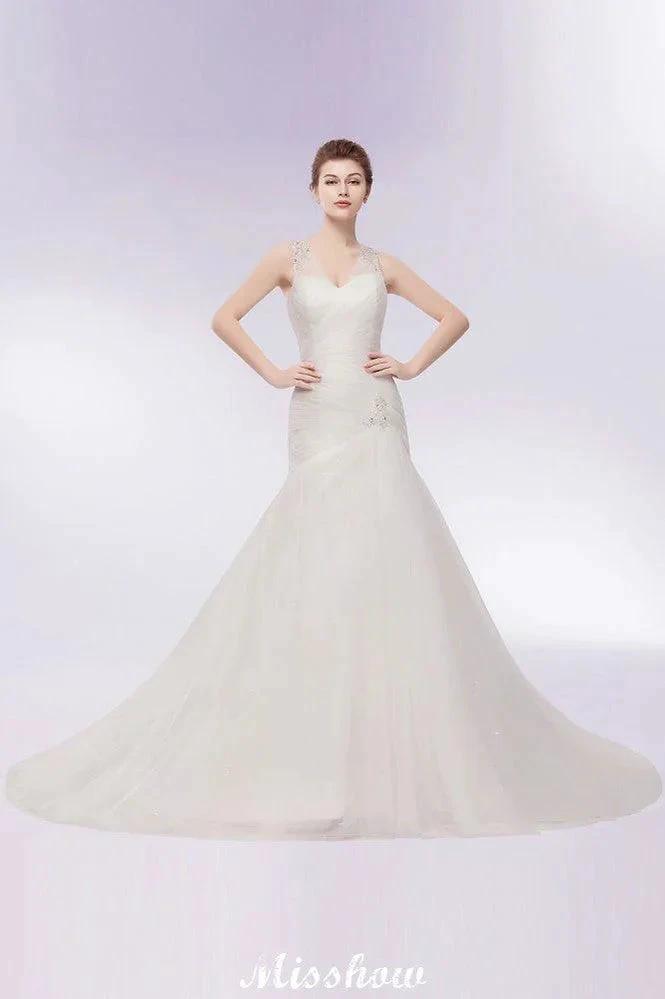 V-neck Floor Length Mermaid Crystals Tulle Wedding Dresses