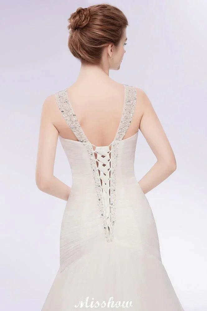 V-neck Floor Length Mermaid Crystals Tulle Wedding Dresses