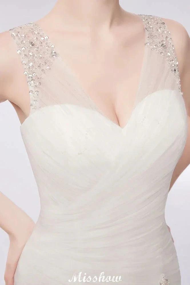 V-neck Floor Length Mermaid Crystals Tulle Wedding Dresses