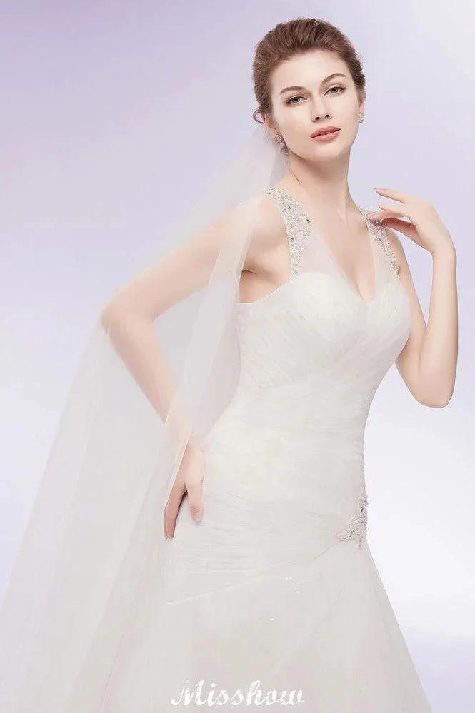 V-neck Floor Length Mermaid Crystals Tulle Wedding Dresses