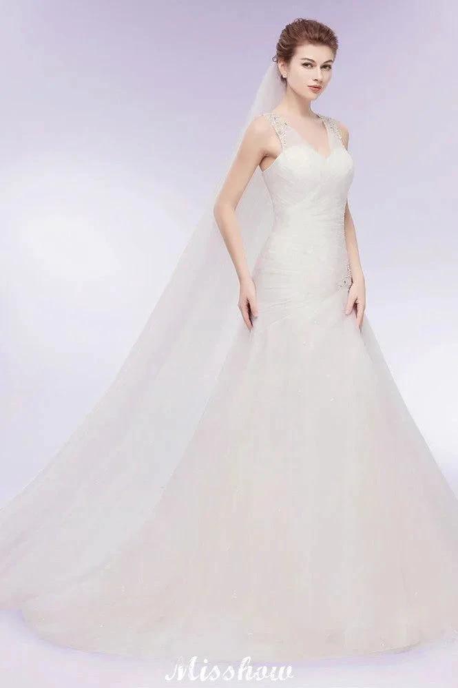 V-neck Floor Length Mermaid Crystals Tulle Wedding Dresses