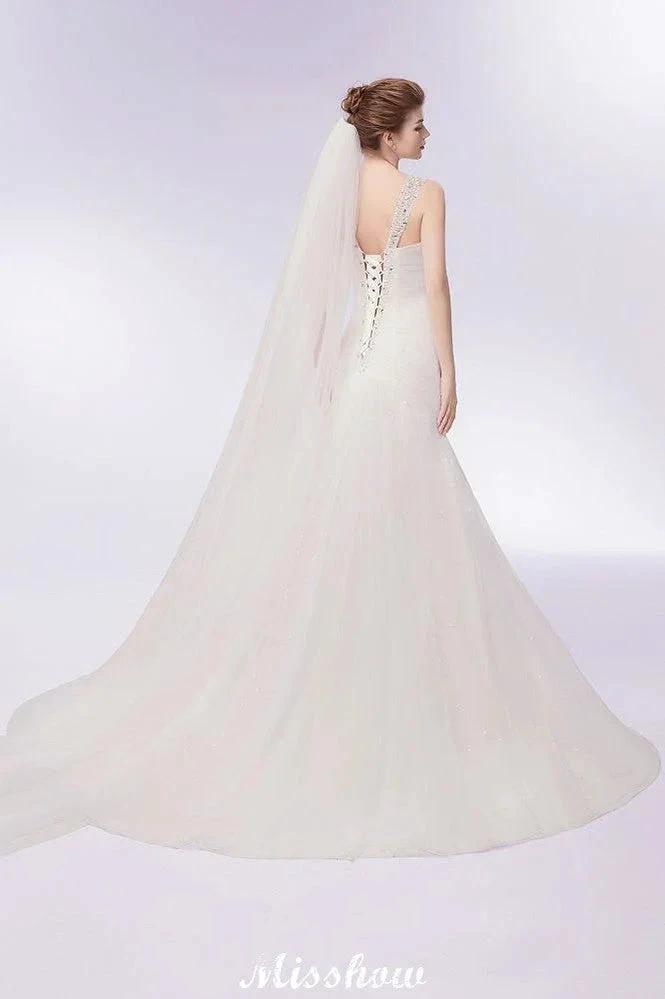 V-neck Floor Length Mermaid Crystals Tulle Wedding Dresses