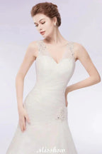 V-neck Floor Length Mermaid Crystals Tulle Wedding Dresses