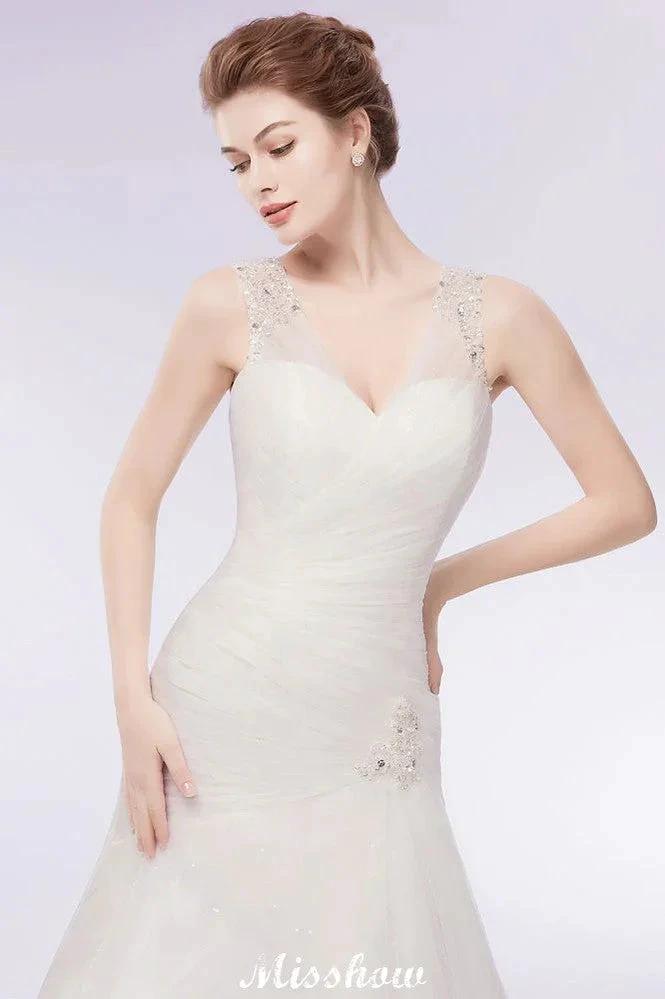 V-neck Floor Length Mermaid Crystals Tulle Wedding Dresses