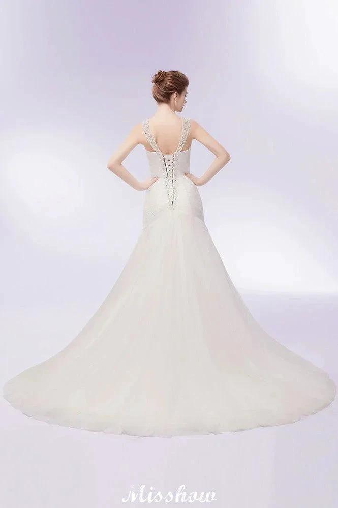 V-neck Floor Length Mermaid Crystals Tulle Wedding Dresses