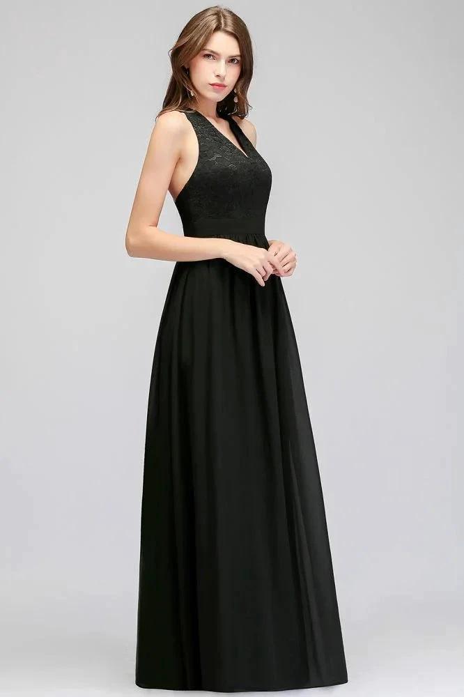 V-neck Floor Length Sleeveless Lace Top Black Bridesmaid Dress