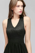 V-neck Floor Length Sleeveless Lace Top Black Bridesmaid Dress