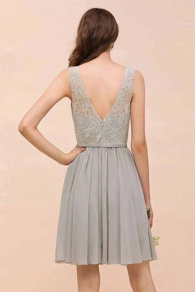 V-Neck Floral Lace Mini Homecoking Dress Grey Simple Chiffon Bridesmaid Dress Party Dress