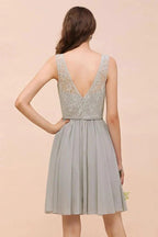 V-Neck Floral Lace Mini Homecoking Dress Grey Simple Chiffon Bridesmaid Dress Party Dress