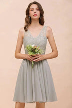 V-Neck Floral Lace Mini Homecoking Dress Grey Simple Chiffon Bridesmaid Dress Party Dress