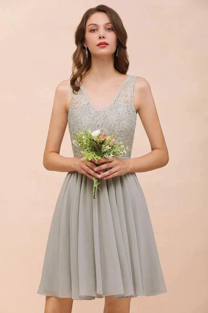 V-Neck Floral Lace Mini Homecoking Dress Grey Simple Chiffon Bridesmaid Dress Party Dress