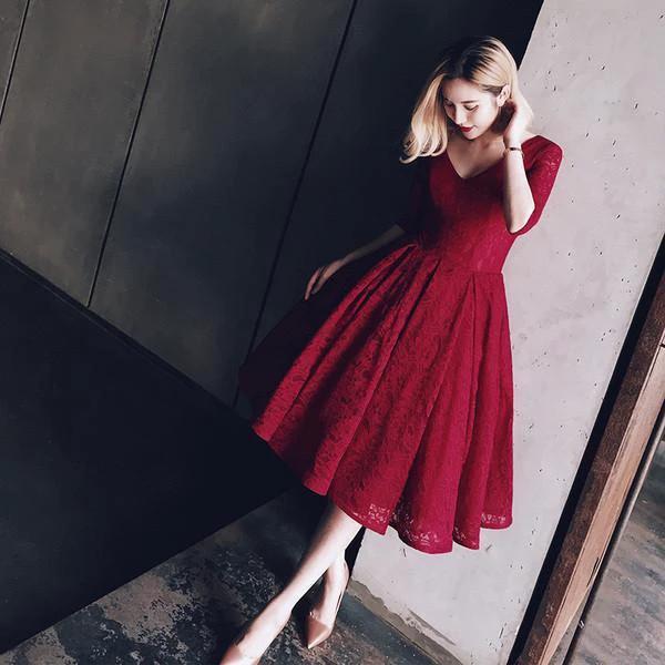V Neck Half Sleeves Burgundy Lace Homecoming Dress Short Prom Dress PG104