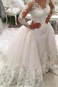 V-Neck Long Sleeves Appliques Watteau Train Wedding Dress  WD167