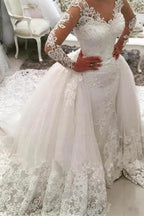 V-Neck Long Sleeves Appliques Watteau Train Wedding Dress  WD167