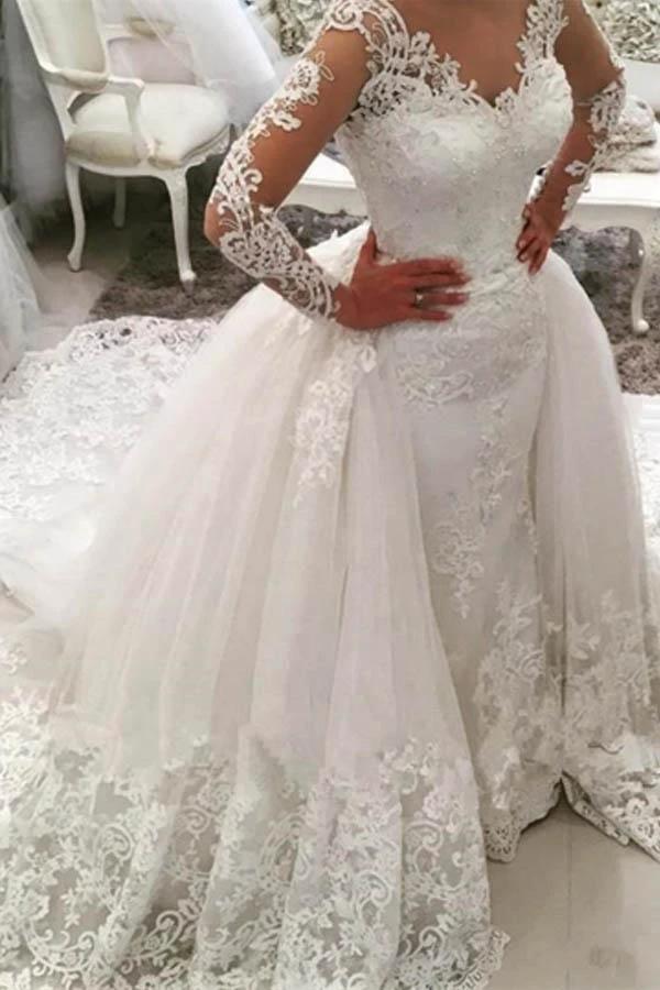 V-Neck Long Sleeves Appliques Watteau Train Wedding Dress  WD167