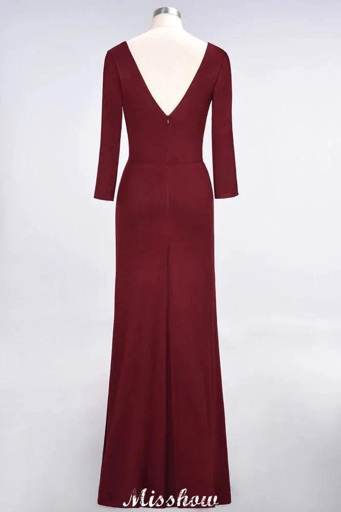 V-Neck Long-Sleeves Side-Slit Floor-Length Bridesmaid Dress with Ruffles