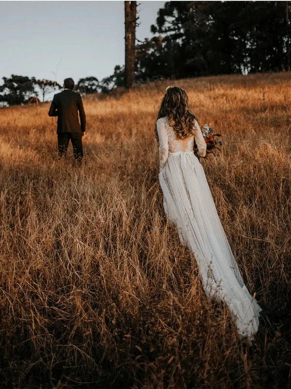 V-Neck Polka Dot Lace Open Back Long Sleeve  Boho Bridal Gown WD433