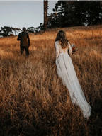 V-Neck Polka Dot Lace Open Back Long Sleeve  Boho Bridal Gown WD433