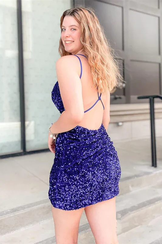 V-neck Royal Blue Spaghetti Straps Sleeveless Short Homecoming Dresses