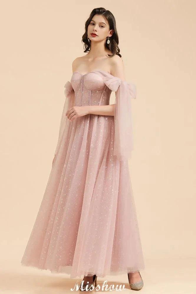 V-Neck Ruffle Chffion Sleeves Aline Bridesmaid Dress Dusty Pink Wedding party Dress