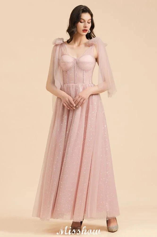 V-Neck Ruffle Chffion Sleeves Aline Bridesmaid Dress Dusty Pink Wedding party Dress