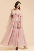 V-Neck Ruffle Chffion Sleeves Aline Bridesmaid Dress Dusty Pink Wedding party Dress