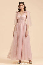 V-Neck Ruffle Chffion Sleeves Aline Bridesmaid Dress Dusty Pink Wedding party Dress